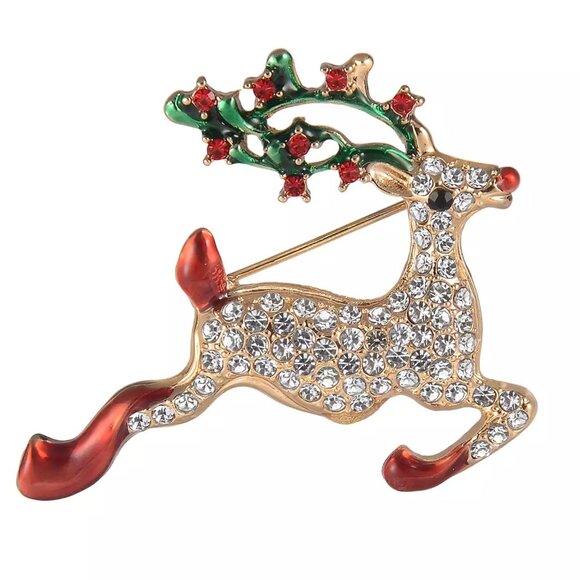 Rudolph the Rednose Reindeer Crystal Pin - Christmas Holiday Brooch - Picture 1 of 4